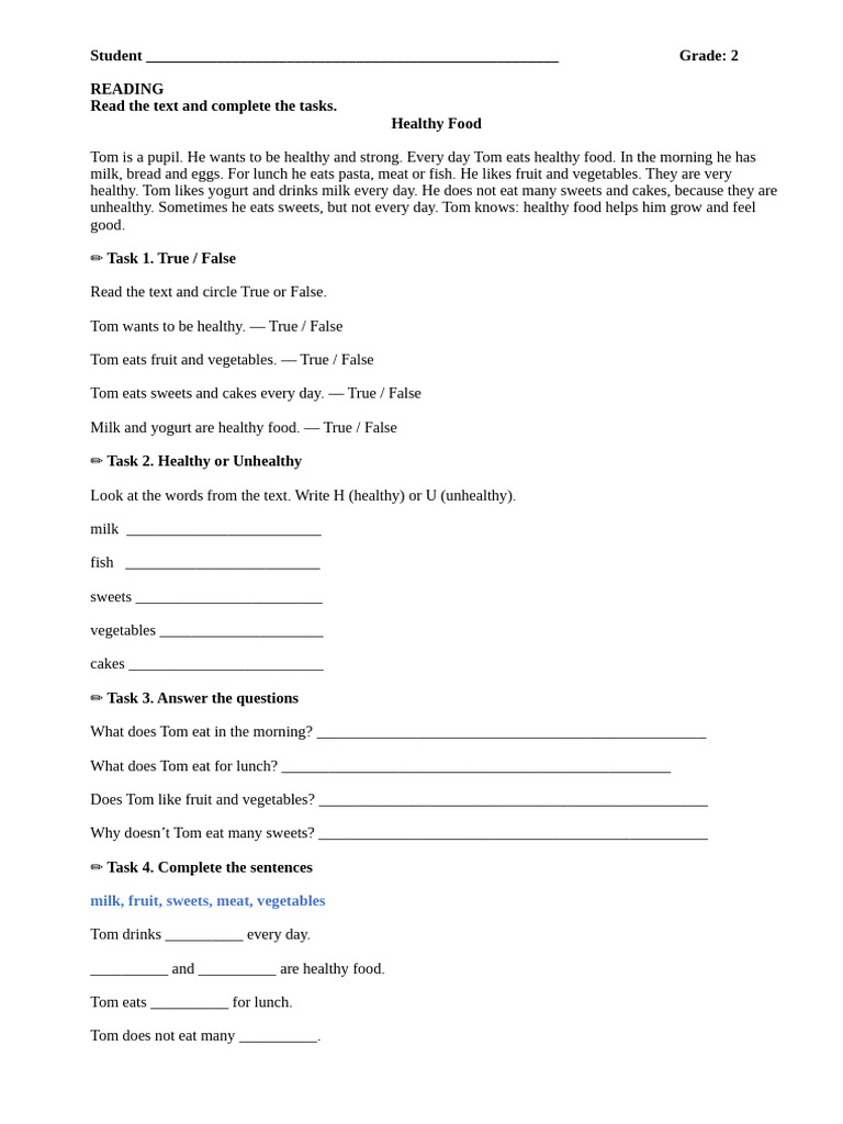 Healthy Food READING TASK | PDF