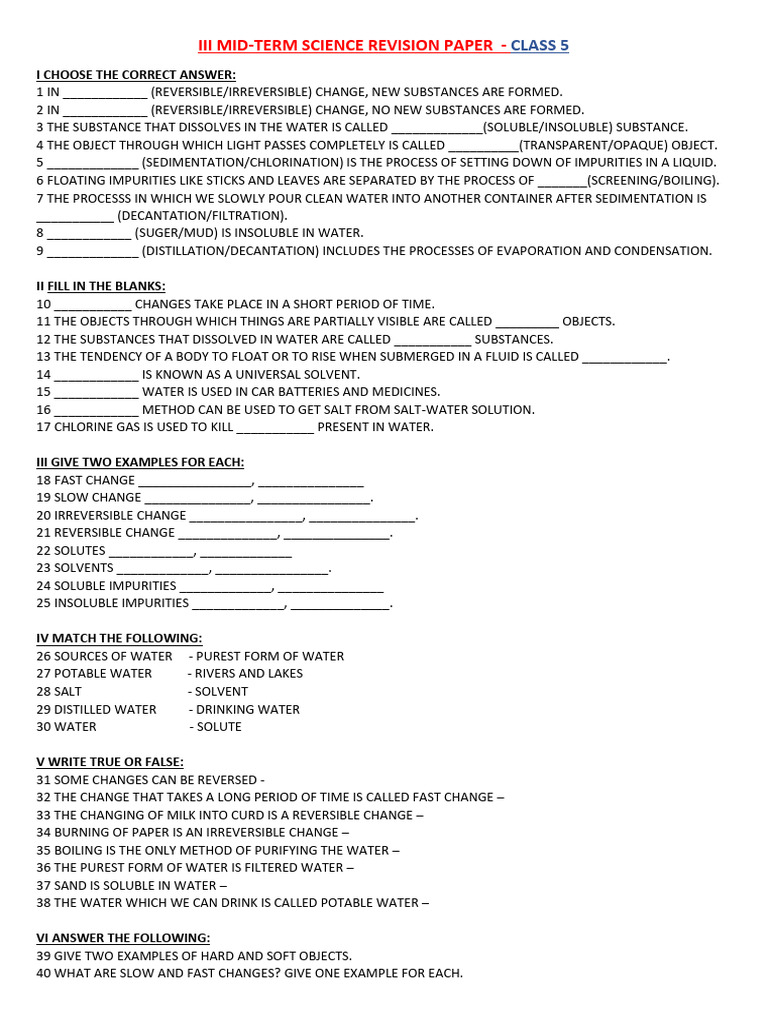 III Mid-Term Science Revision Paper - Class 5 | PDF | Water | Solubility