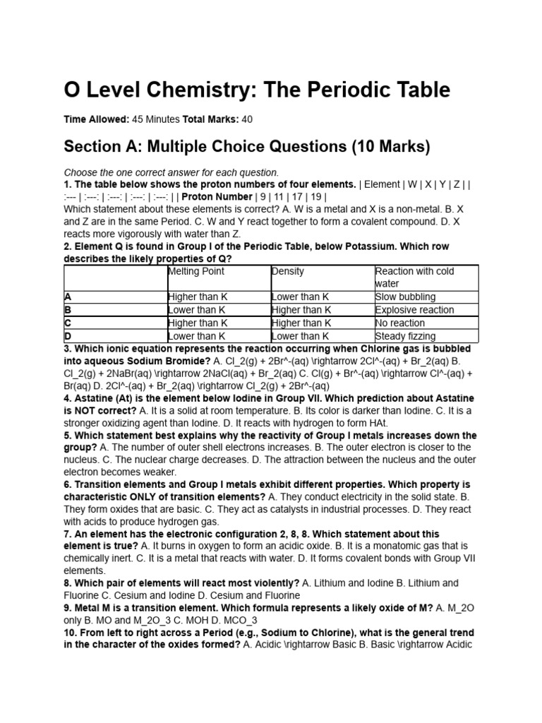 O Level Chemistry Test - The Periodic Table | PDF | Chlorine | Iodine