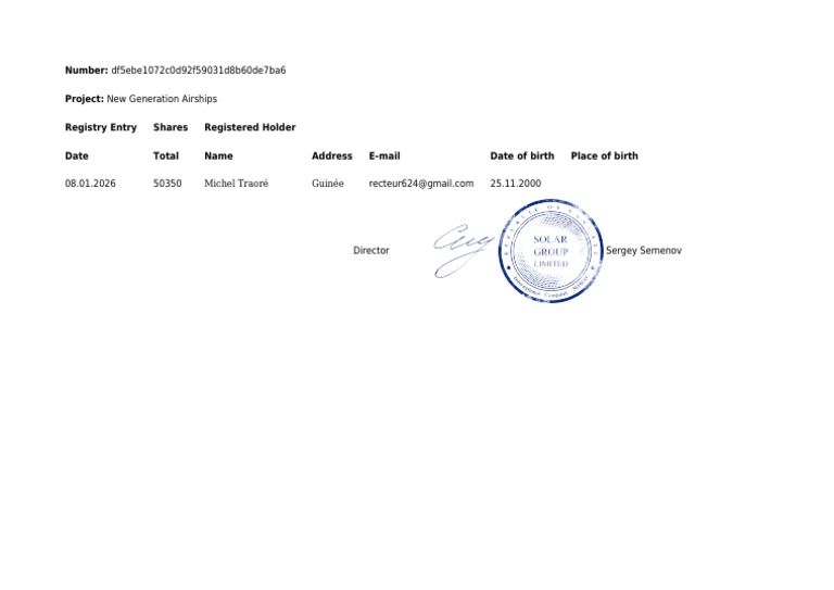 Number: Project: New Generation Airships Registry Entry Shares ...