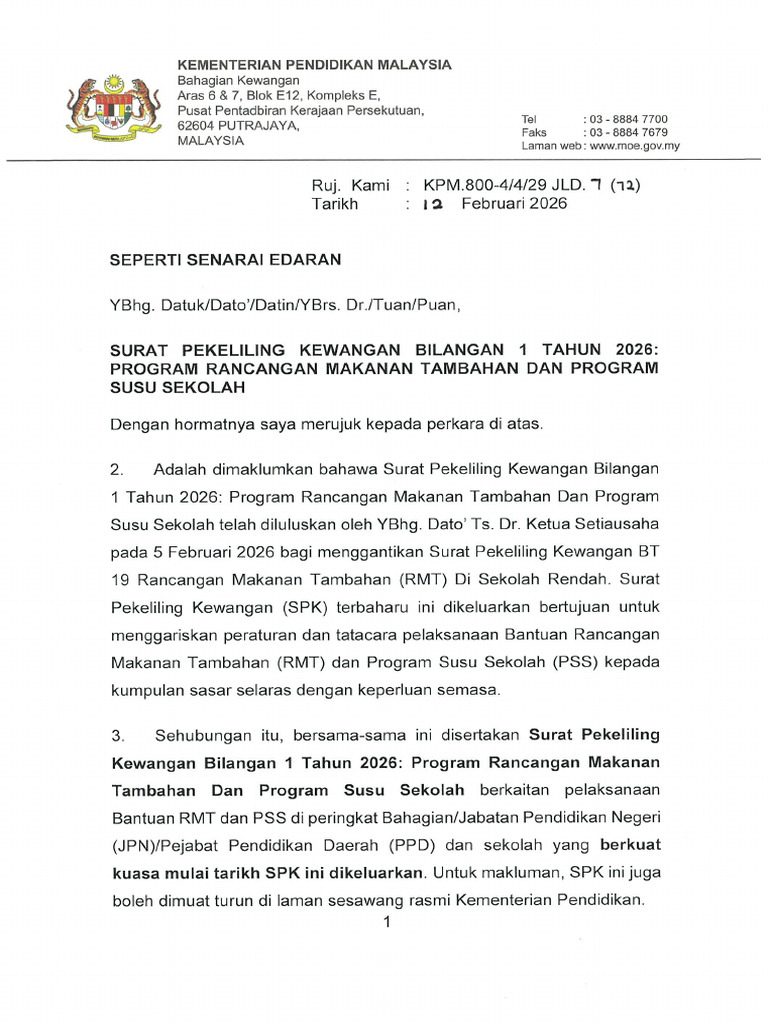 Surat Pekeliling Kewangan Bilangan 1 Tahun 2026 - Program Rancangan ...
