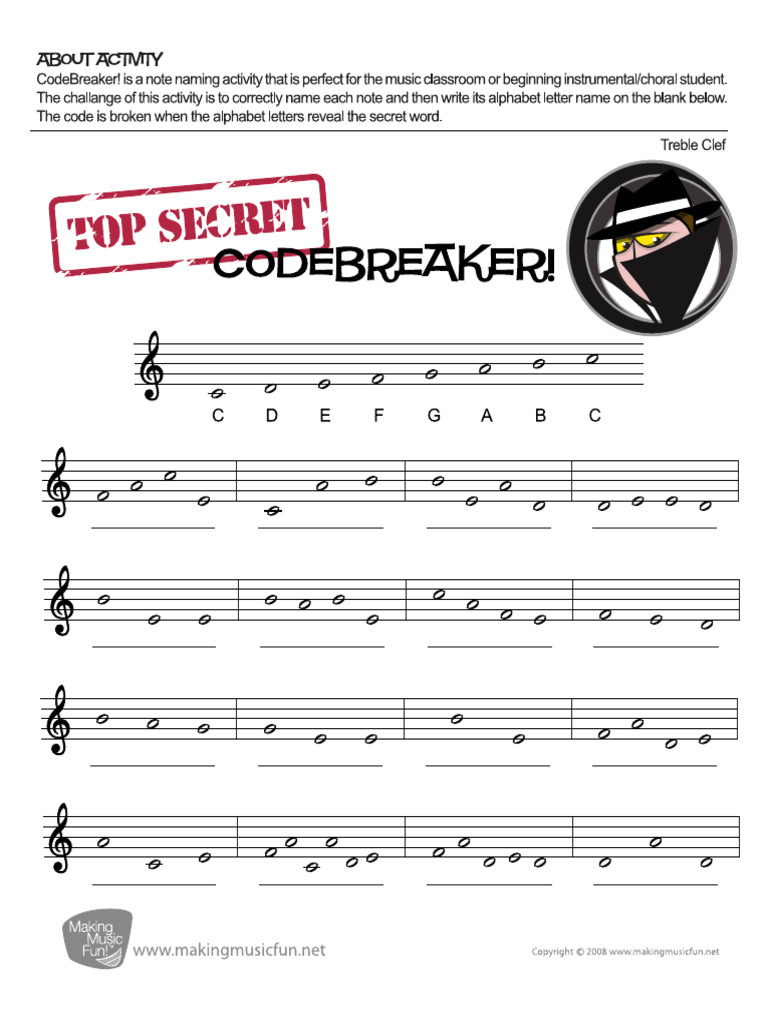 CodeBreakerFreeTrebleandBassClefNoteNameWorksheets 1 | PDF