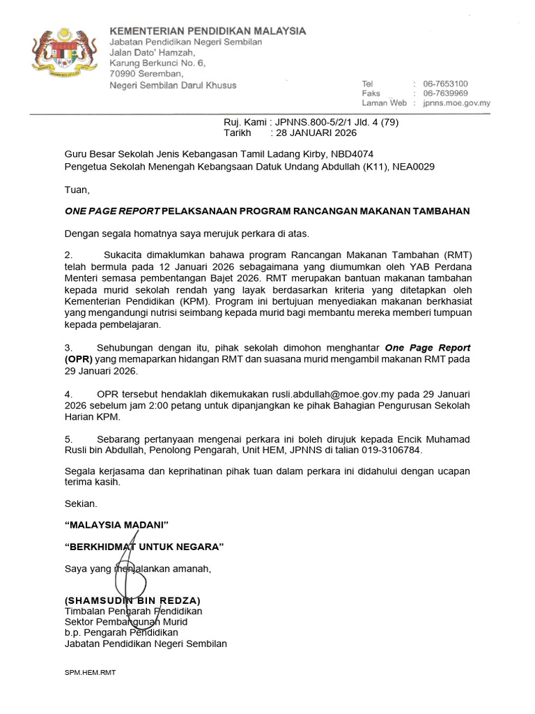 Surat Penyediaan Opr RMT 1 2026 | PDF