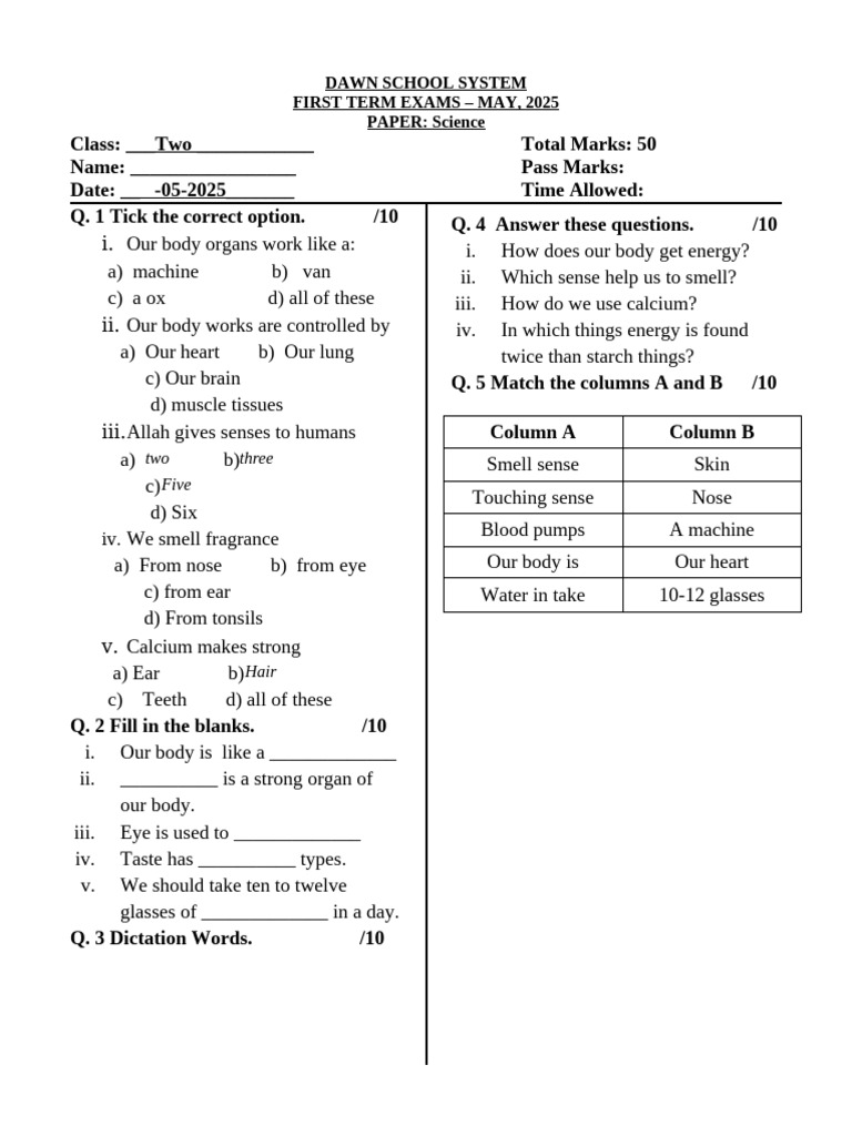 Class 2nd Science 1st Term, 2025 | PDF