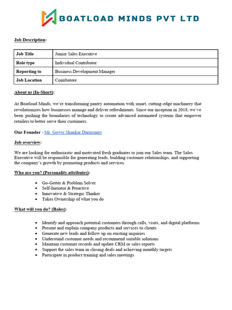JD - Junior Sales Executive | PDF