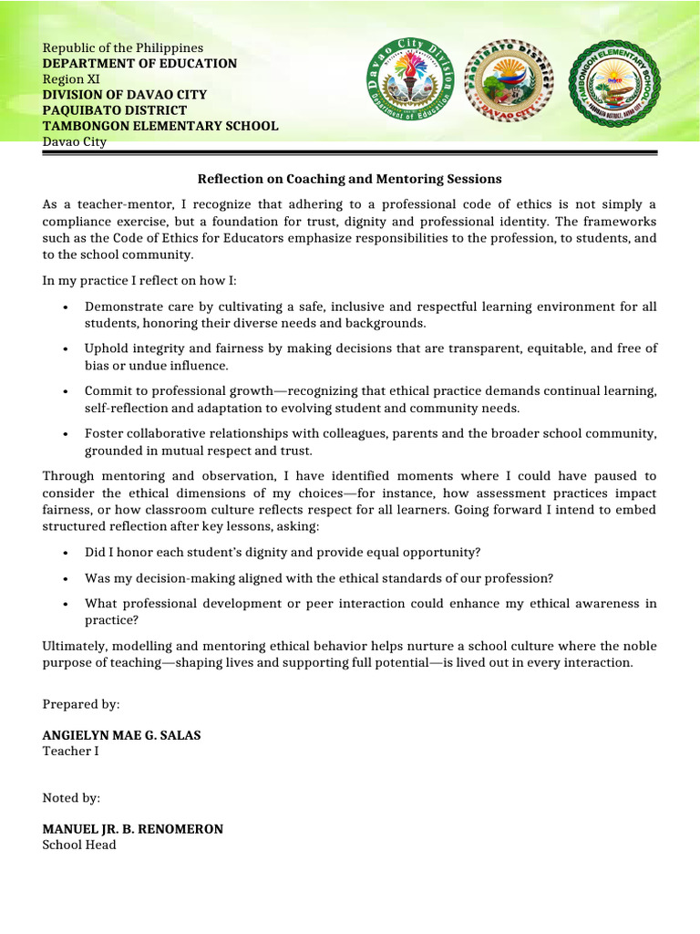 Objective 12 Code of Ethics Reflection | PDF | Mentorship | Learning