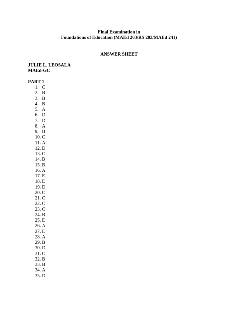 Answer Sheet | PDF | Cognition