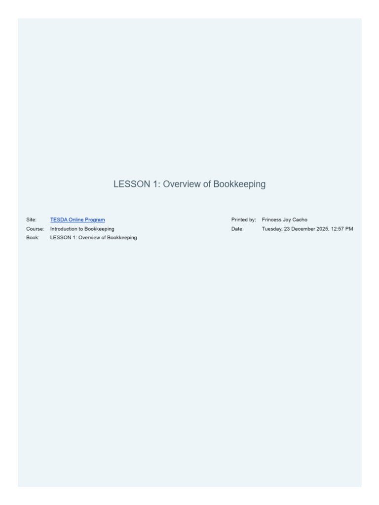 LESSON 1 - Overview of Bookkeeping | PDF | Bookkeeping | Accounting
