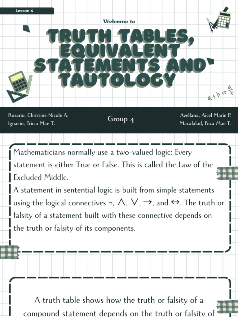 Group 4 - TRUTH TABLES, EQUIVALENT STATEMENTS AND TAUTOLOGY | PDF ...