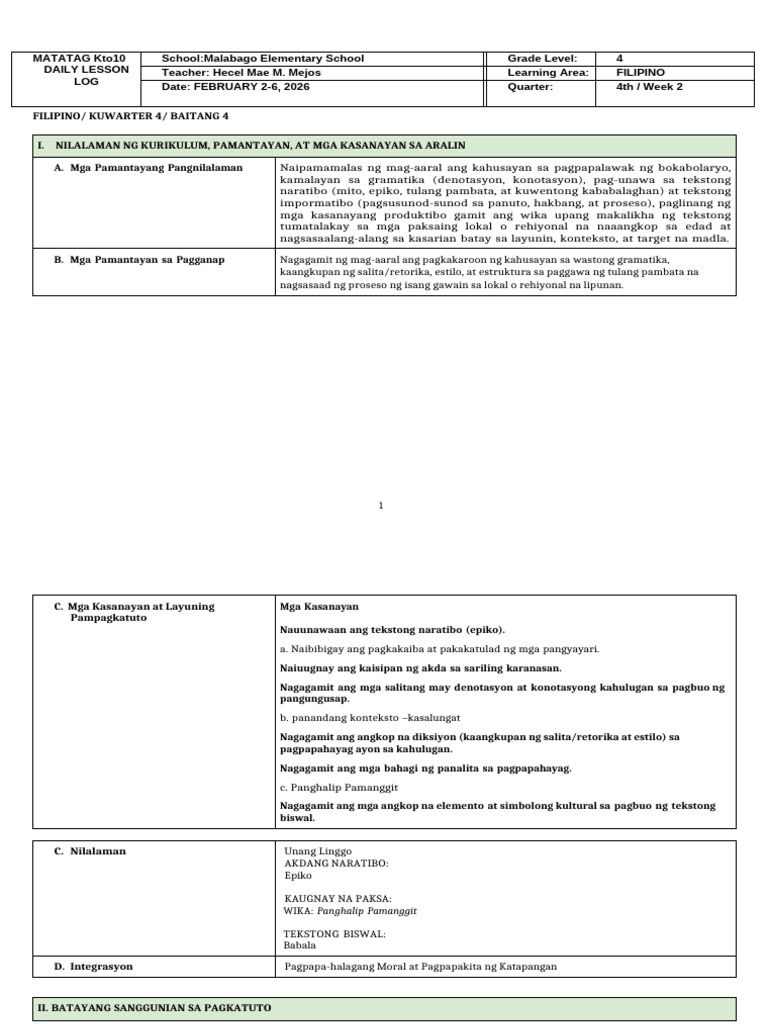 Grade 4 Filipino 4 - DLL - q4 - Week 2 | PDF