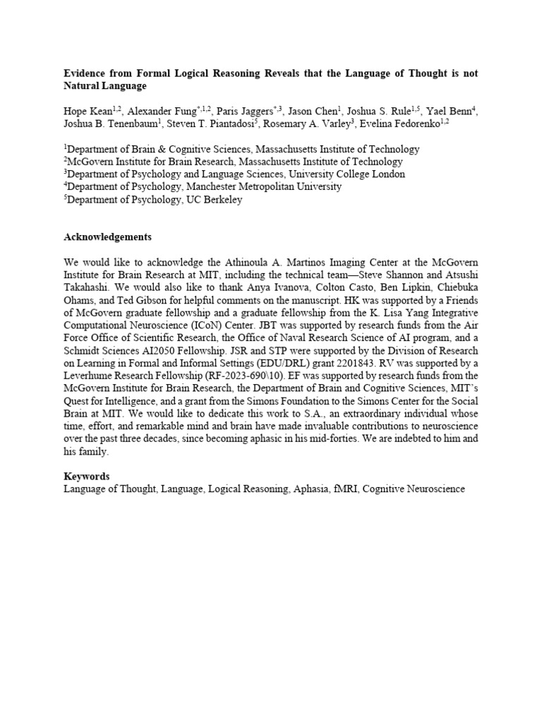 U4 R6 Kean Et Al The Language of Thought Is Not Language - Evidence ...