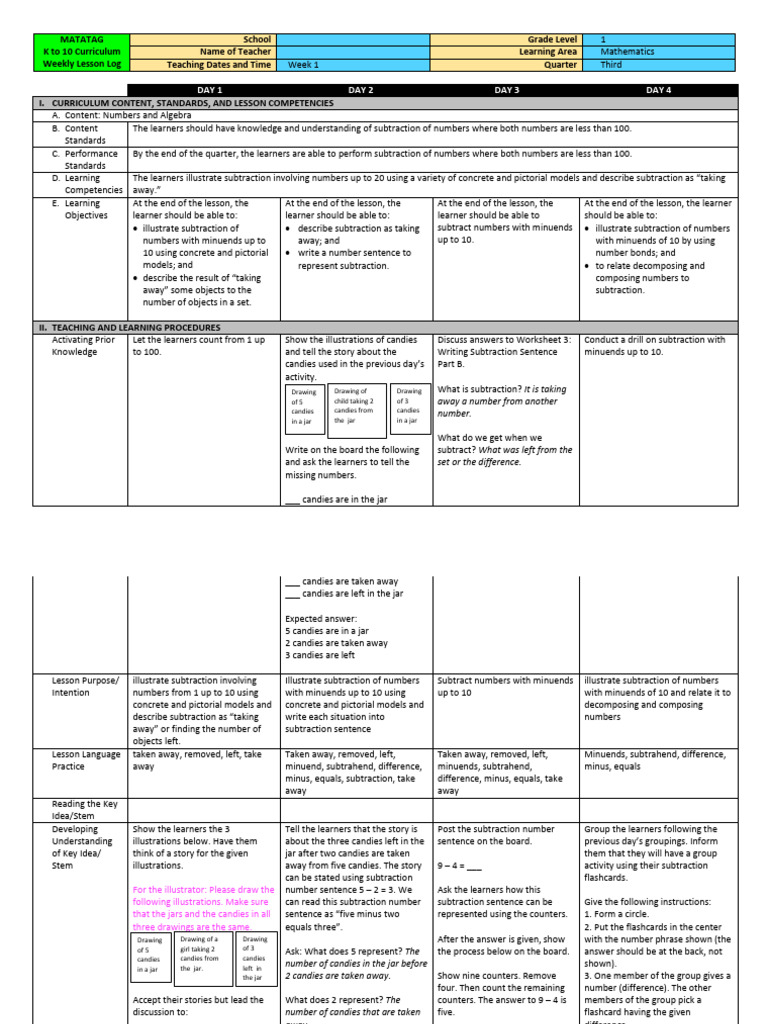 LE Math 1 Q3 Week 1 v.2 | PDF | Subtraction | Arithmetic