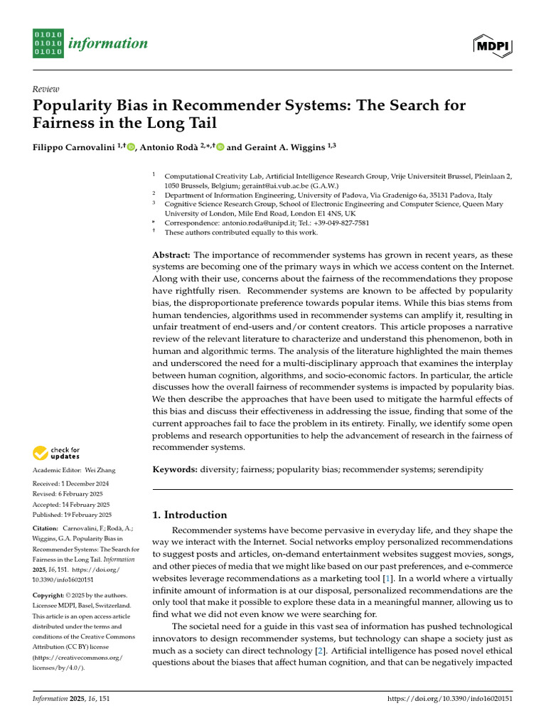 Popularity Bias in Recommender Systems: The Search For Fairness in The ...