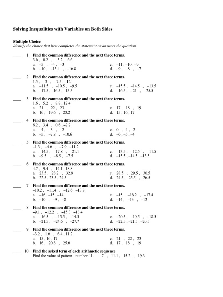Arithmetic Sequences  PDF  Inequality (Mathematics)  Algebra Pertaining To Arithmetic Sequence Worksheet With Answers