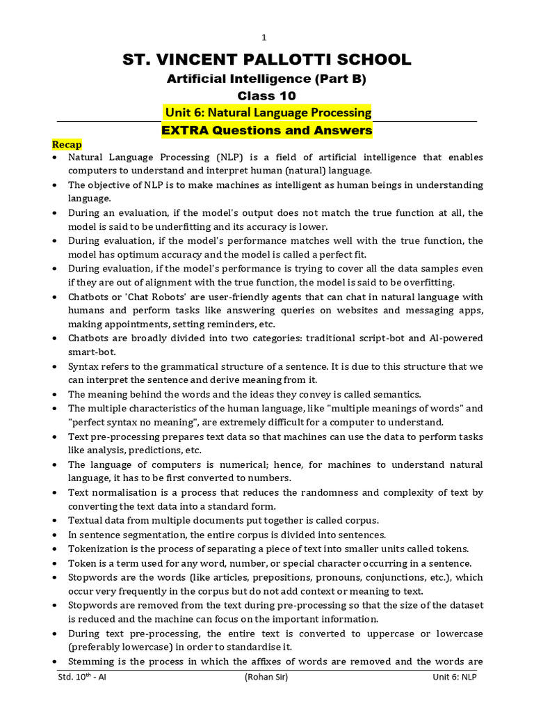 AI - Book 10 - Part B - UNIT 6 Answer Key + Extra Q&A - NLP | PDF ...