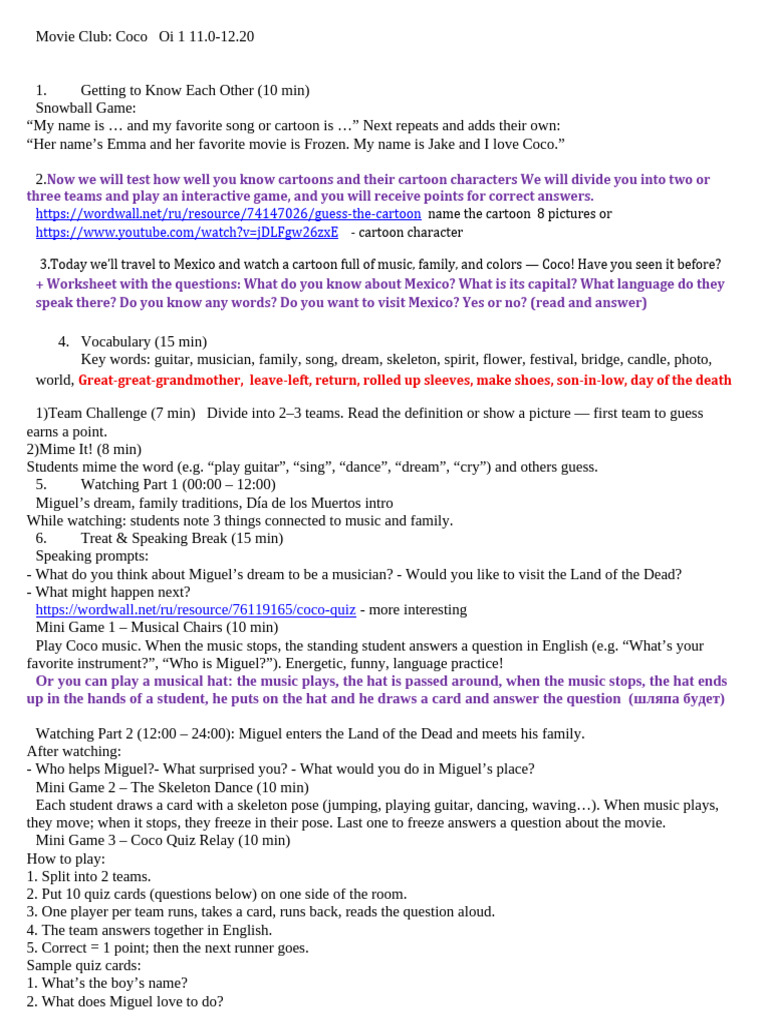 Movie Club Coco Lesson Plan Own It 1, GG3 | PDF