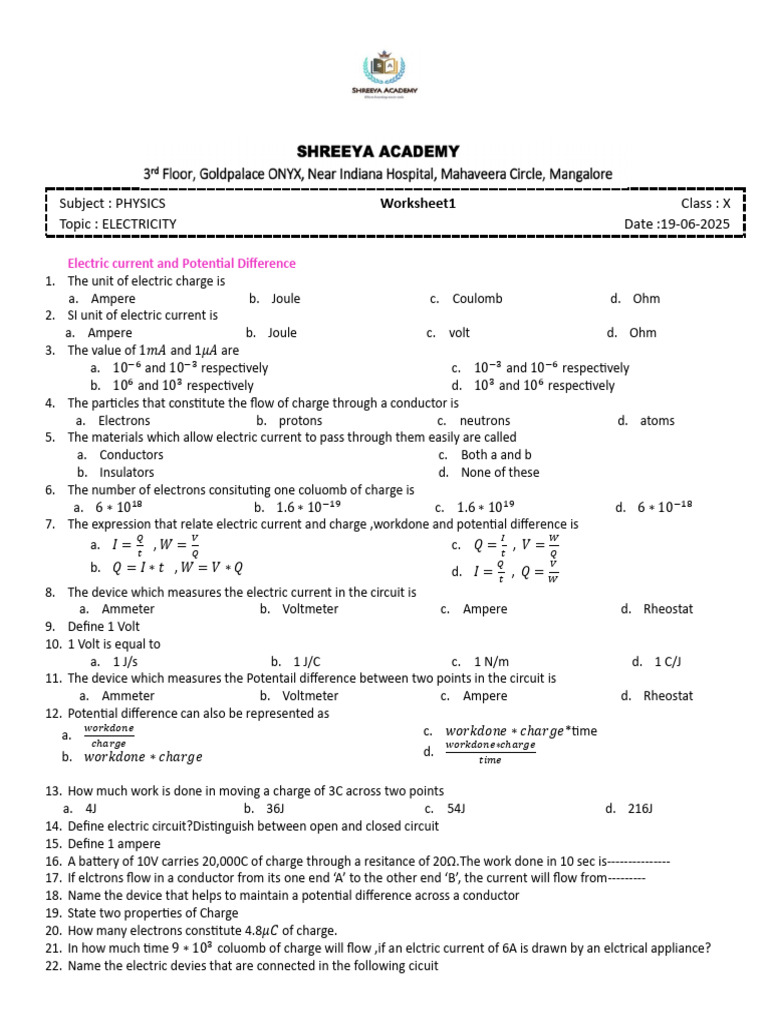 Electricity Class 10 Worksheet1 | PDF | Electric Current | Electrical ...