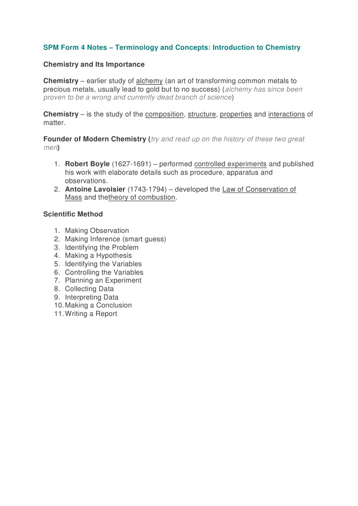 SPM Form 4 Notes Introduction to Chemistry