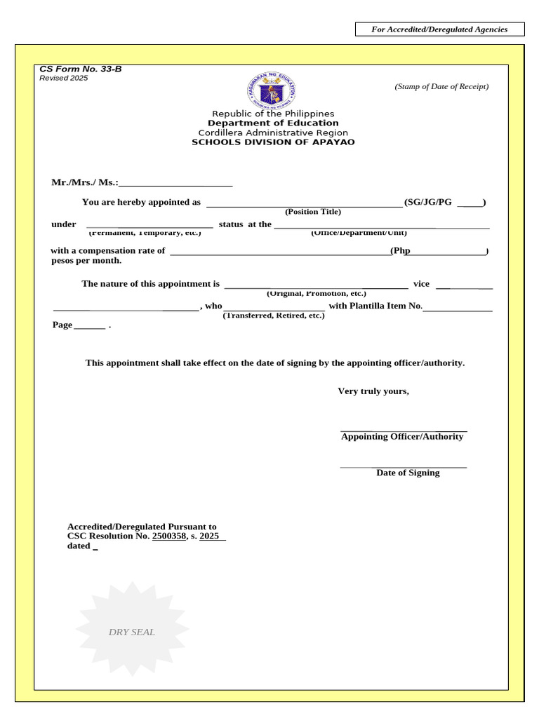 ANNEX D CS Form No. 33 B Revised 2025 Appointment Form Accredited New ...