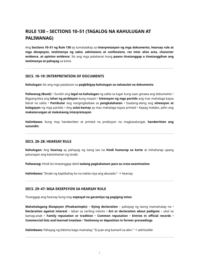 Rule 130 Summary - Evidence | PDF