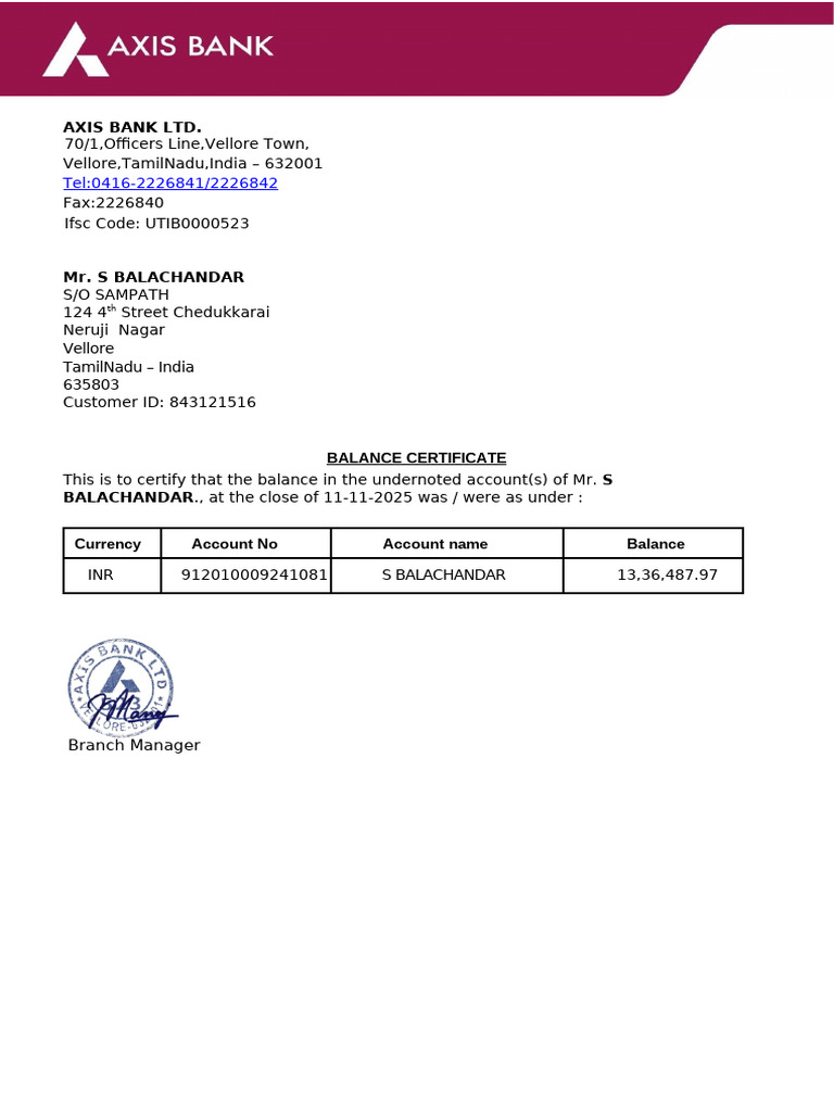 Balachandar Balance Certificate PDF | PDF