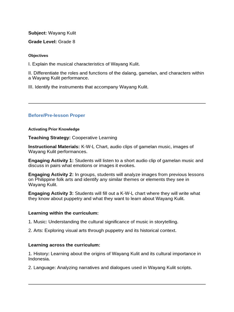 Lesson Plan Wayang Kulit | PDF | Storytelling | Narrative