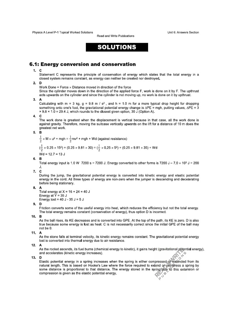 9702 Unit 6 Work Energy and Power Solutions | PDF