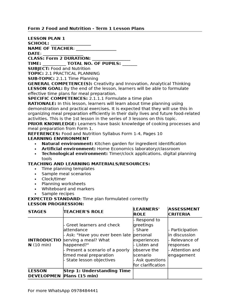 Form 2 Food and Nutrition - Term 1 Lesson Plans-1 | PDF | Lesson Plan ...