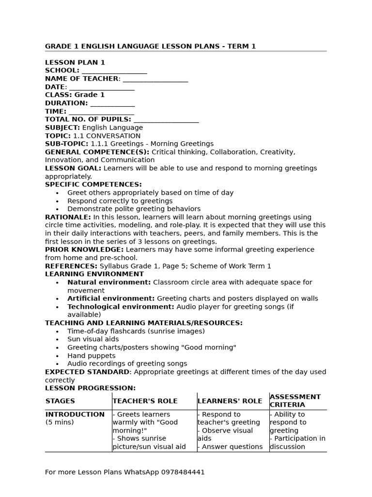Grade 1 English Language Lesson Plans - Term 1 | PDF | Learning ...