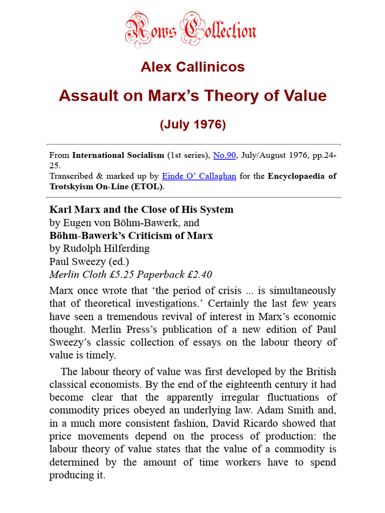 Alex Callinicos 1976 Assault On Marxs Theory of Value | PDF | Value ...
