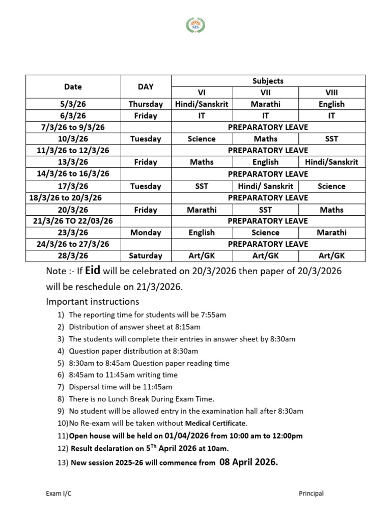 Annual Exam Time Table | PDF