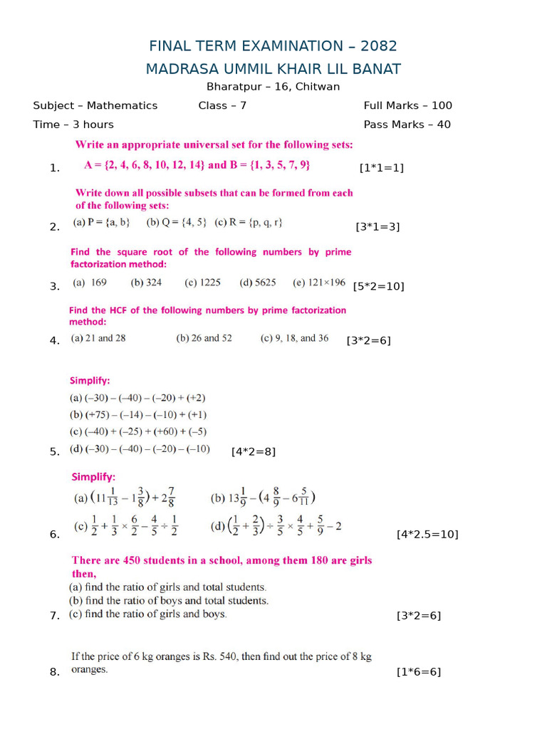 Class 7 Math Exam Paper | PDF