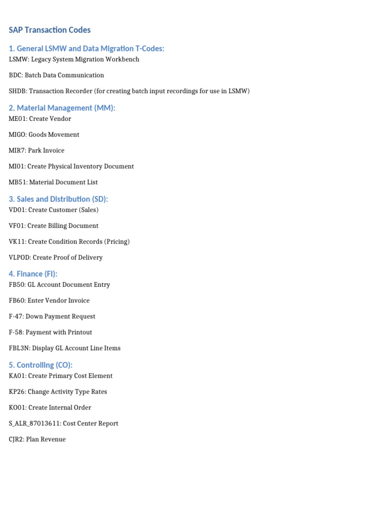 SAP Transaction Codes | PDF