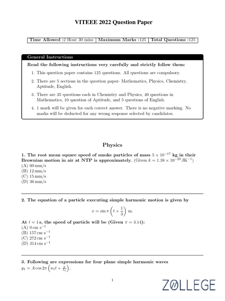 VITEEE 2022 QUESTION PAPER Watermark | PDF | Force | Torque