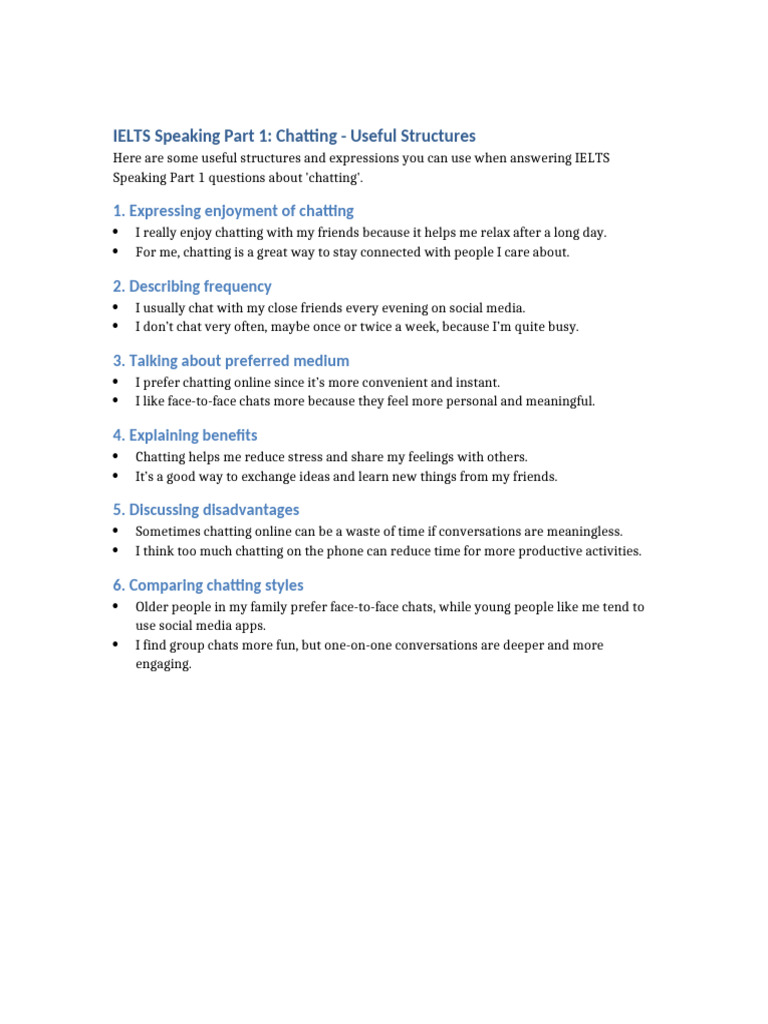 IELTS Speaking Chatting Structures | PDF