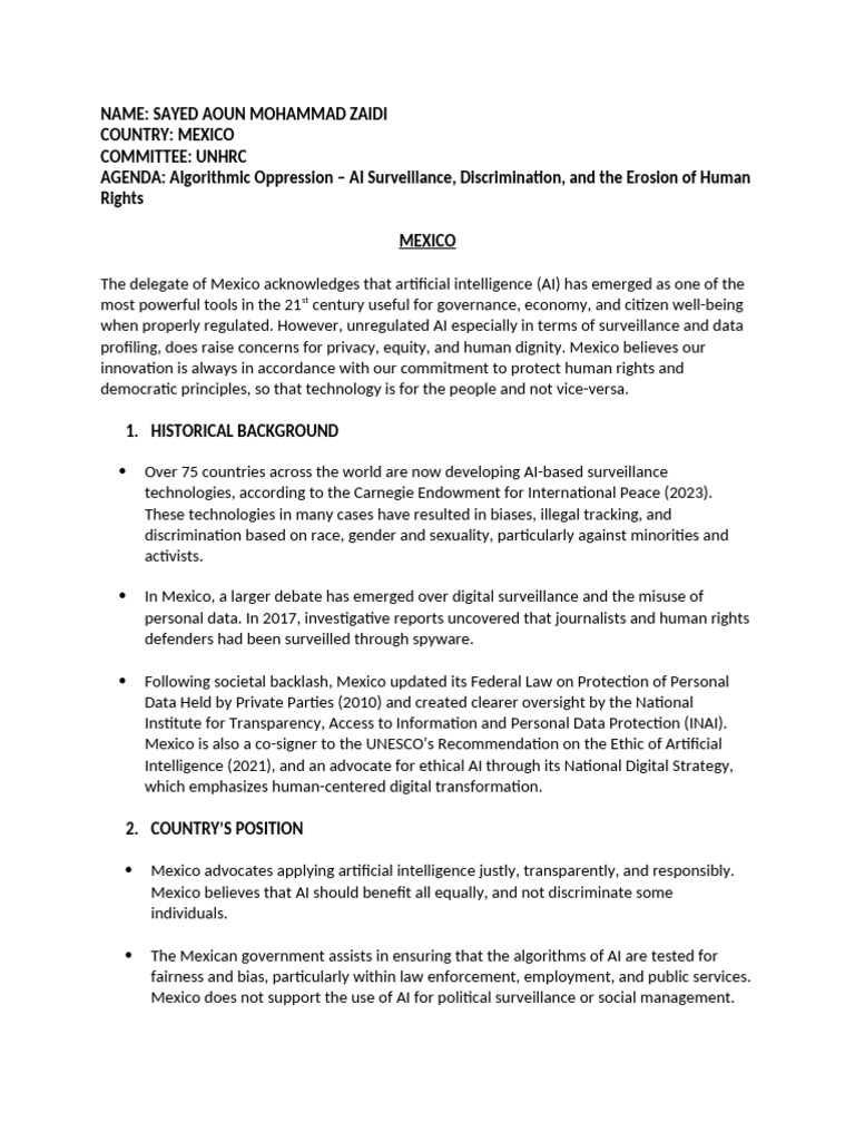 Position Paper of The Delegate of Mexico | PDF | Artificial ...
