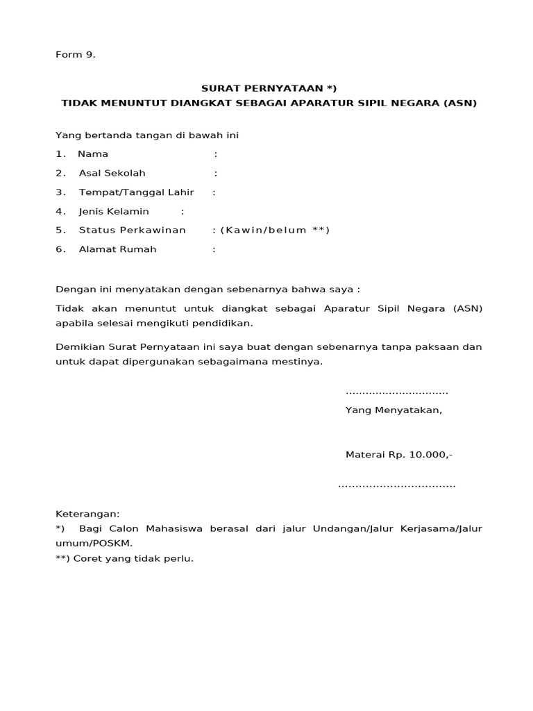 Template Form 9 Pernyataan Tidak Menuntun Diangkat Sebagai Asn | PDF