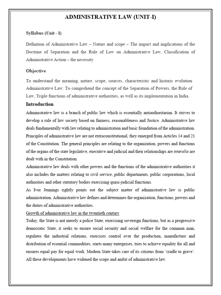 Administrative Law - Unit I | PDF | Rule Of Law | Administrative Law