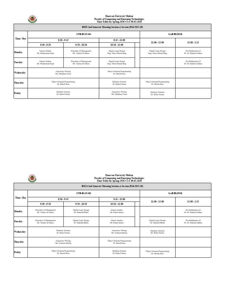 2nd Draft EUM CS&ET Timetable Spring 2026 | PDF | Information ...