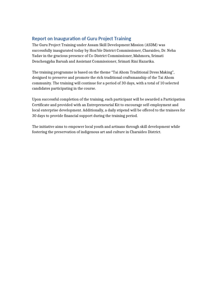 Guru Project Training Inauguration Report | PDF