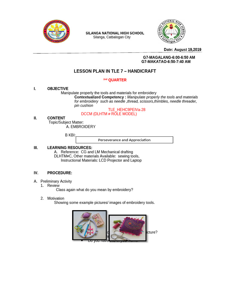 Lesson Plan August 19 Handicraft | PDF | Embroidery | Needlework