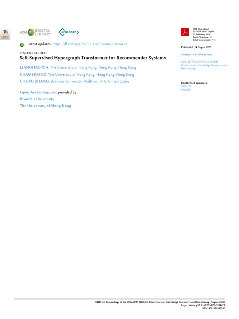 Self-Supervised Hypergraph Transformer For Recommender Systems | PDF ...