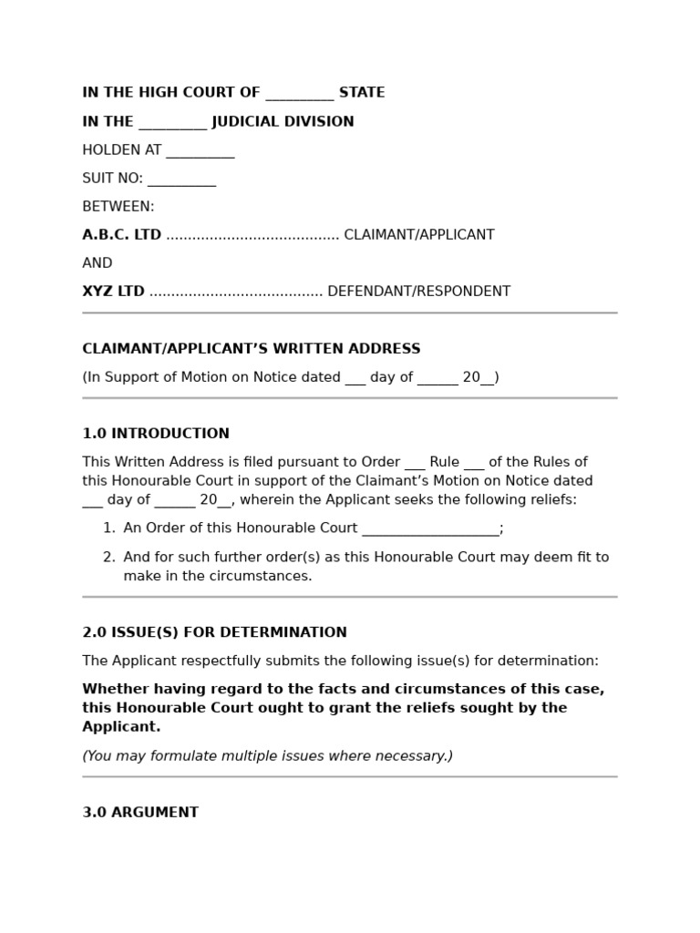 Written Address Template | PDF | Lawsuit | Separation Of Powers