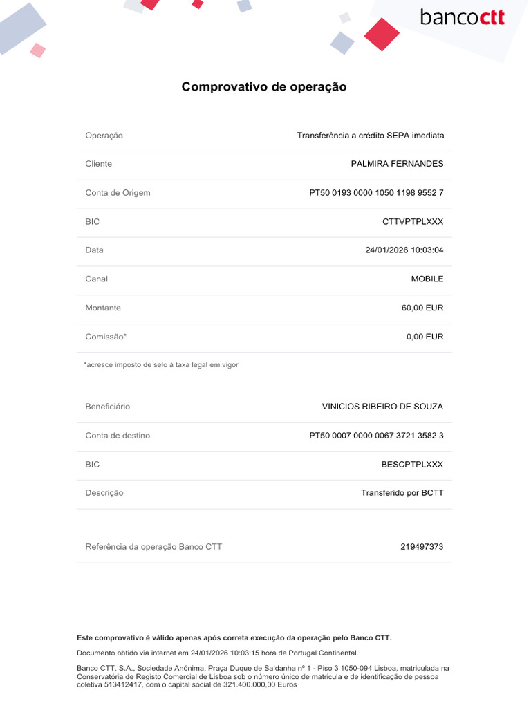 Banco CTT - Comprovativo Transferência - 20260124 | PDF