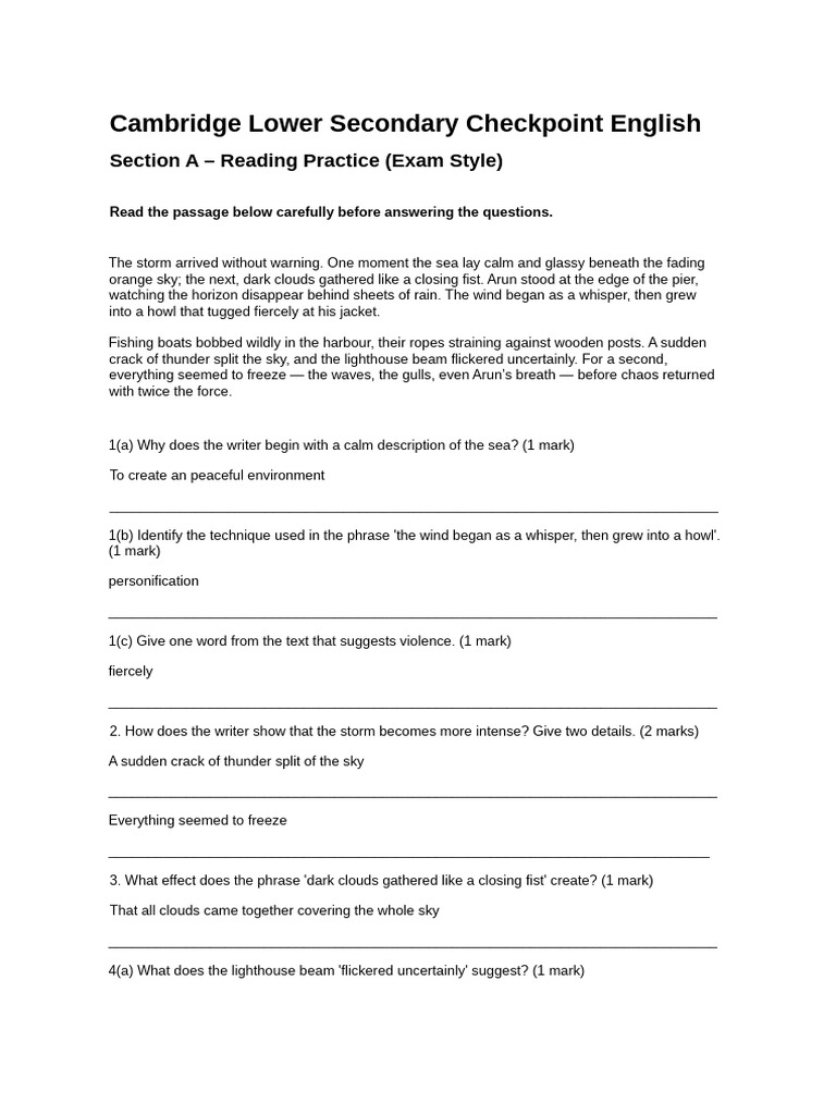 English Worksheet Section A Full Practice Done | PDF