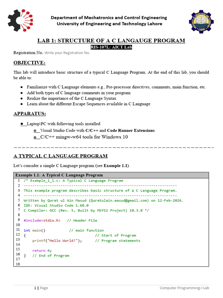 RIS-107L AICT - Lab 01 - Structure of A C Program | PDF | C ...