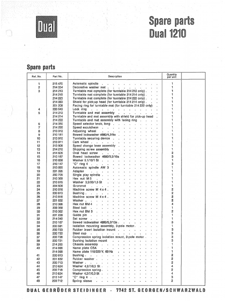 Dual 1210 Parts List en | PDF