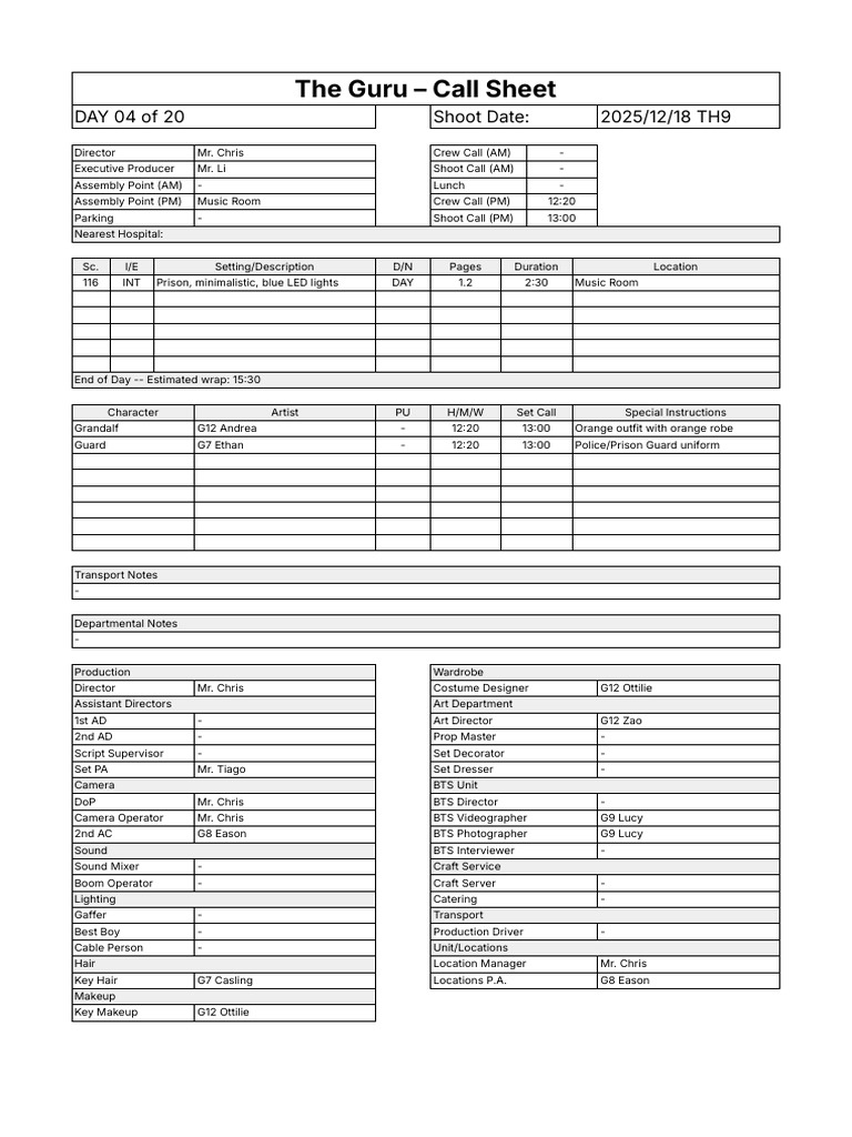 The Guru - Call Sheet - Day 04 | PDF | Film Production | Filmmaking