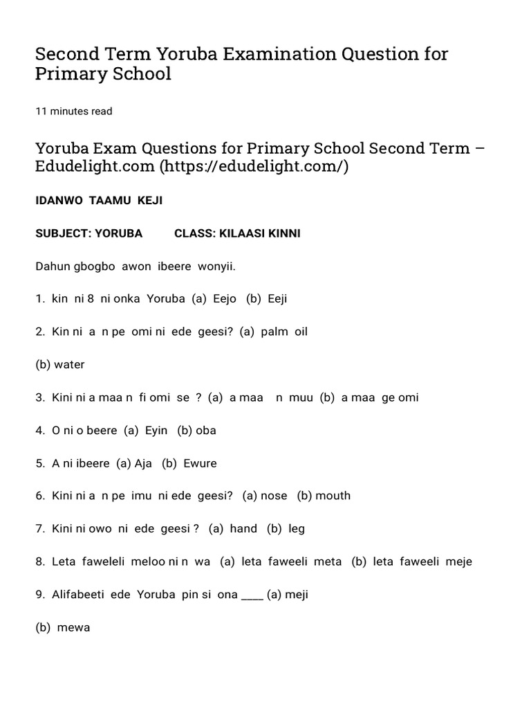 Second Term Yoruba Examination Question For Primary School | PDF