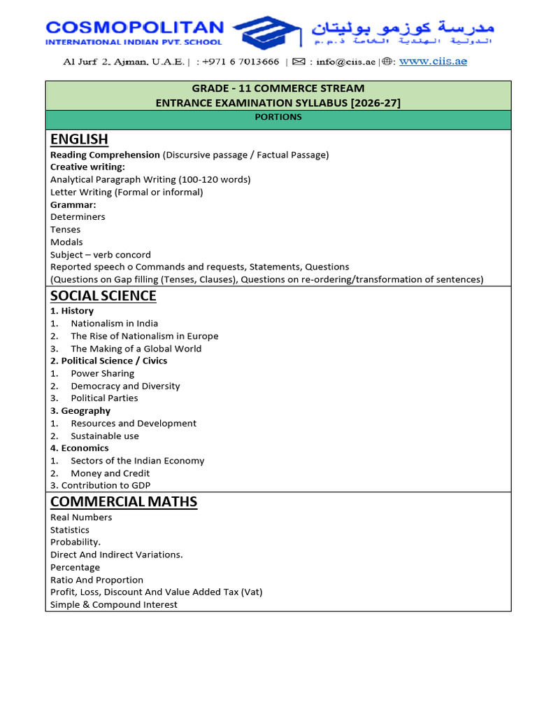 GR 11 - Entrance Exam Syllabus 2026-27 (Commerce) | PDF